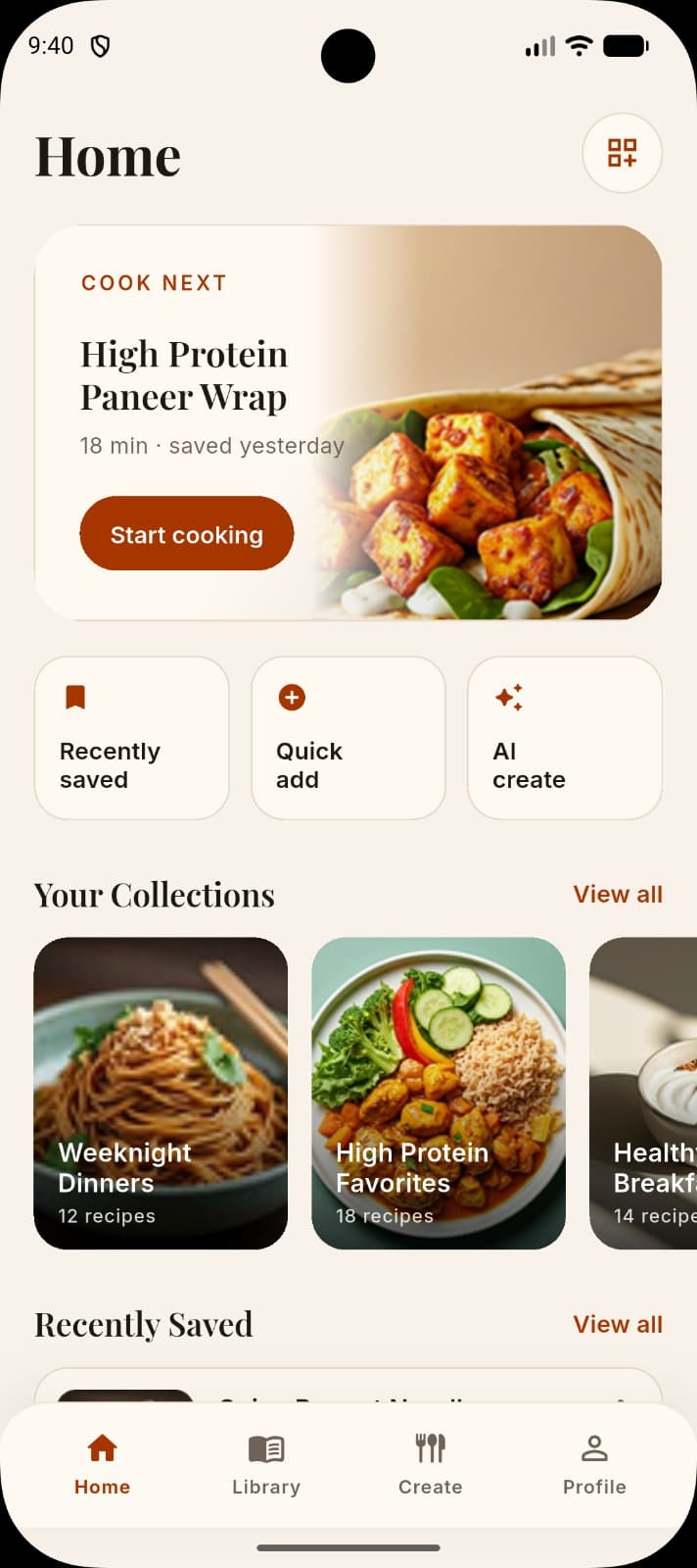 The Culina app home screen showing a Cook Next recipe, quick actions, and recipe collections